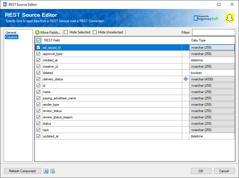 SSIS Snapchat Business Source component - Columns